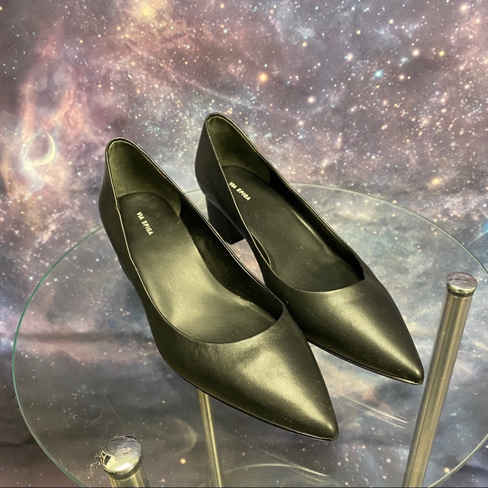 NNW! Via Spiga Black Leather Pointed Toe Block Heel Pumps Shoes - 10 US